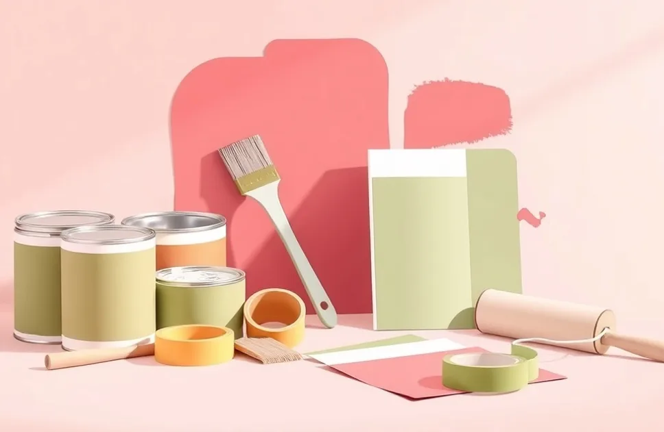 Pots de peinture, nuancier, brosses et rouleaux disposés à plat
