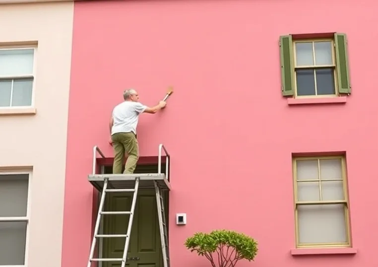 Peintre sur échafaudage traitant la façade d'une maison